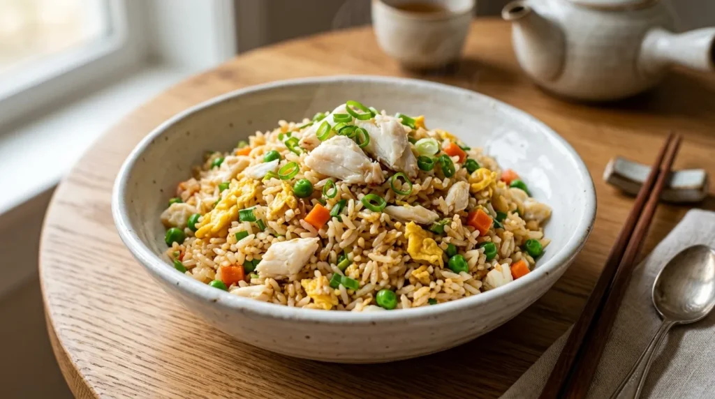 homemade crab fried rice served with green onions