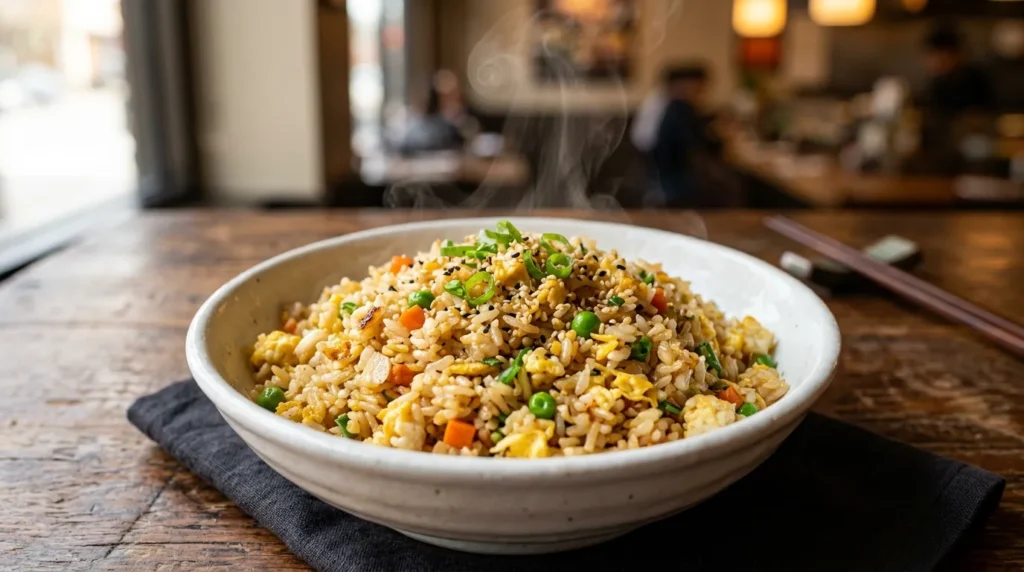 Hibachi fried rice served hot with fluffy rice, scrambled eggs, vegetables, and green onion