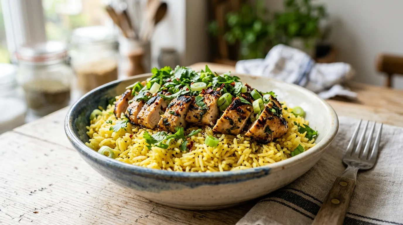 Homemade chicken and rice recipe served with fresh parsley