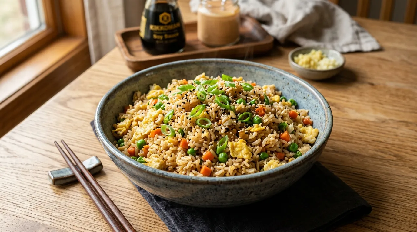 Homemade hibachi fried rice recipe with eggs, vegetables, garlic, butter, and green onions