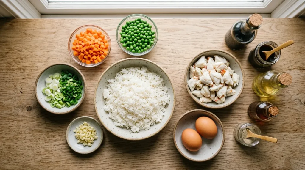 ingredients for crab fried rice recipe including crab meat rice eggs and vegetables
