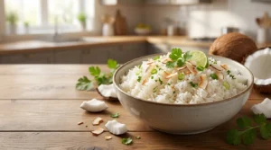 # Coconut Rice Recipe: Easy, Fluffy & Flavorful **Featured Snippet:** This coconut rice recipe makes fluffy, fragrant rice with a naturally sweet coconut flavor. Cook jasmine or long-grain rice with coconut milk, water, salt, and a little oil for an easy side dish ready in about 30 minutes. ## Coconut Rice Recipe at a Glance | Recipe Detail | Information | | --------------- | -------------------------------- | | **Prep Time** | 5 minutes | | **Cook Time** | 20 minutes | | **Total Time** | 25 minutes | | **Servings** | 4 | | **Cuisine** | Asian-inspired | | **Course** | Side Dish | | **Difficulty** | Easy | | **Calories** | About 240 per serving | | **Best Rice** | Jasmine or long-grain white rice | | **Main Flavor** | Creamy coconut | ## Why You’ll Love This Coconut Rice Recipe This coconut rice recipe is one of those simple dishes that can make an ordinary dinner feel special. The rice cooks in coconut milk, giving every grain a gentle sweetness and rich aroma. Unlike complicated rice dishes, this one needs only a handful of ingredients. You can prepare it on the stovetop while working on the main course. The finished rice should be fluffy, tender, and lightly creamy without becoming mushy. It pairs especially well with grilled chicken, shrimp, salmon, curries, and spicy dishes. If you love rice recipes that require little effort but deliver plenty of flavor, this is a great one to keep in your regular dinner rotation. ## Menu of Coconut Rice Recipe * Coconut rice ingredients * How to choose the best rice * Kitchen tools you need * How to make coconut rice * Chef's tips for fluffy rice * Common mistakes to avoid * Easy coconut rice variations * What to serve with coconut rice * How to store and reheat it * Coconut rice nutrition * Frequently asked questions * Final serving tips ## Ingredients for Coconut Rice You only need a few pantry-friendly ingredients. ### Rice Use **jasmine rice** for soft, fragrant coconut rice. Long-grain white rice also works very well. Avoid using too much rice without adjusting the liquid because the balance between rice and coconut milk is important for the final texture. ### Coconut Milk Use **full-fat canned coconut milk** for the richest flavor. Shake the can well before opening so the coconut cream and liquid are properly combined. Light coconut milk can be used, but the finished rice will have a less creamy taste. ### Water Water helps balance the richness of the coconut milk and provides enough liquid for the rice to cook properly. ### Salt Salt is essential because it prevents the coconut flavor from tasting overly sweet or flat. ### Oil or Butter A small amount of neutral oil or butter adds richness and helps give the rice a smooth texture. ### Optional Garnishes For serving, try: * Toasted shredded coconut * Fresh cilantro * Sliced green onions * Lime wedges * Chopped cashews * Fresh chili slices ## Kitchen Tools You Need You don't need special equipment for this recipe. * Medium saucepan with a tight-fitting lid * Measuring cups * Measuring spoons * Fine-mesh strainer * Fork for fluffing * Wooden spoon or spatula A heavy-bottomed saucepan is especially helpful because it distributes heat evenly and reduces the chance of the rice burning. ## How to Make Coconut Rice ### Step 1: Rinse the Rice Place the rice in a fine-mesh strainer and rinse it under cool water. Continue rinsing until the water becomes mostly clear. This removes excess surface starch and helps prevent sticky, clumpy rice. Drain the rice thoroughly. ### Step 2: Combine the Ingredients Add the rinsed rice, coconut milk, water, salt, and oil to a saucepan. Stir gently to combine. For a balanced flavor, you want the coconut milk to add richness without making the rice excessively heavy. ### Step 3: Bring It to a Boil Place the saucepan over medium-high heat. Bring the mixture to a gentle boil. Once you see steady bubbling, stir the rice once. Don't continue stirring throughout the cooking process because excessive stirring can release starch and make the rice sticky. ### Step 4: Cover and Simmer Reduce the heat to low and cover the saucepan tightly. Let the rice simmer for about **15–18 minutes**, or until the liquid has been absorbed and the grains are tender. Keep the lid closed as much as possible. Every time you remove it, steam escapes and the cooking temperature changes. ### Step 5: Rest the Rice Turn off the heat and leave the saucepan covered for another **5–10 minutes**. This resting period is one of the easiest ways to improve rice texture. The remaining steam finishes cooking the grains and helps distribute moisture evenly. ### Step 6: Fluff and Serve Remove the lid and gently fluff the rice with a fork. Taste and adjust the salt if necessary. Top with toasted coconut, cilantro, green onions, or a squeeze of fresh lime before serving. ## Chef’s Tips for Perfect Coconut Rice ### Rinse the Rice Well Rinsing is especially important when using white rice. It removes excess starch and gives you lighter, more separate grains. ### Use Full-Fat Coconut Milk For restaurant-style flavor, full-fat coconut milk is the better choice. It gives the rice a deeper coconut aroma and richer texture. ### Don't Over-Stir Once the rice starts cooking, leave it alone. Too much stirring can make the finished rice gummy. ### Keep the Lid Closed The steam inside the saucepan is part of the cooking process. Avoid repeatedly checking the rice. ### Let It Rest Don't skip the resting stage. Five to ten minutes of covered resting can make a noticeable difference in texture. ### Add Lime at the End If the rice tastes rich or slightly sweet, a little fresh lime juice can brighten the entire dish. ## Common Coconut Rice Mistakes | Mistake | Why It Happens | How to Fix It | | ------------------- | ------------------------------------ | ---------------------------------------------------- | | Mushy rice | Too much liquid | Measure ingredients carefully | | Hard rice | Not enough liquid or cooking time | Add a small amount of hot water and continue cooking | | Sticky rice | Excess starch or stirring | Rinse rice and avoid stirring | | Burnt bottom | Heat is too high | Use low heat after boiling | | Weak coconut flavor | Too much water or light coconut milk | Use full-fat coconut milk | | Bland rice | Not enough salt | Season before cooking | ## Easy Coconut Rice Variations ### Coconut Lime Rice Add fresh lime zest while cooking and a little lime juice after the rice has finished. This version is bright, fresh, and excellent with grilled seafood. ### Coconut Rice With Cilantro Fold chopped fresh cilantro into the cooked rice just before serving. The herbs balance the richness of the coconut milk beautifully. ### Coconut Rice With Toasted Coconut Toast unsweetened shredded coconut in a dry skillet until lightly golden. Sprinkle it over the finished rice for extra coconut flavor and a pleasant crunch. ### Spicy Coconut Rice Add a finely chopped chili or a pinch of red pepper flakes to the cooking liquid. The mild sweetness of coconut pairs surprisingly well with heat. ### Coconut Rice With Cashews Top the finished rice with toasted chopped cashews. The combination of creamy rice and crunchy nuts makes a simple side dish much more satisfying. ## What to Serve With Coconut Rice Coconut rice is versatile enough to work with many different meals. ### Grilled Chicken Serve it alongside grilled or roasted chicken with a fresh salad and lime. ### Shrimp Coconut rice and garlic butter shrimp make an easy weeknight dinner. The creamy rice balances the savory seafood. ### Salmon Grilled or pan-seared salmon works particularly well with coconut rice and a fresh vegetable side. ### Thai or Indian Curries The mild sweetness of coconut rice can balance spicy curry sauces beautifully. ### Black Beans For a simple meatless meal, serve coconut rice with seasoned black beans, avocado, and fresh salsa. ### Grilled Vegetables Bell peppers, zucchini, asparagus, and broccoli all make excellent partners for coconut rice. ## How to Store Coconut Rice ### Refrigerator Let the rice cool and transfer it to an airtight container. Refrigerate for up to **3–4 days**. ### Freezer For longer storage, place cooled rice in freezer-safe containers or bags. Freeze for up to **2 months** for the best texture. ### Reheating Add the rice to a microwave-safe bowl with a tablespoon or two of water. Cover loosely and microwave until steaming hot, stirring halfway through. You can also reheat it gently in a saucepan with a splash of water. ## Coconut Rice Nutrition Nutrition varies depending on the type and amount of coconut milk used. An approximate serving contains: | Nutrient | Approximate Amount | | ------------- | -----------------: | | Calories | 240 | | Carbohydrates | 38 g | | Protein | 4 g | | Fat | 9 g | | Fiber | 1 g | | Sodium | 300 mg | For more precise nutritional information, calculate the recipe using the exact brands and quantities of ingredients you use. ## Frequently Asked Questions ### Can I make coconut rice with brown rice? Yes. Brown rice can be used, but it requires more liquid and a longer cooking time than white rice. Follow the cooking directions for your specific brown rice. ### Can I use jasmine rice for coconut rice? Absolutely. Jasmine rice is one of the best choices because its natural floral aroma works beautifully with coconut milk. ### Why is my coconut rice mushy? Mushy rice usually results from too much liquid, overcooking, or excessive stirring. Measure the liquid carefully and allow the rice to cook undisturbed. ### Can I use light coconut milk? Yes. Light coconut milk works, but the rice will have a less creamy and less pronounced coconut flavor than rice made with full-fat coconut milk. ### Can I make coconut rice without a rice cooker? Yes. This recipe is designed for a regular saucepan, so you don't need a rice cooker. ### Is coconut rice sweet? Coconut rice has a naturally mild sweetness from the coconut milk, but properly seasoned rice should not taste like dessert. Salt and savory toppings help create a balanced flavor. ### Can I make coconut rice ahead of time? Yes. Coconut rice can be made ahead and refrigerated. Reheat it with a small splash of water to restore moisture. ## Conclusion This **coconut rice recipe** is an easy way to turn everyday rice into a flavorful side dish. Coconut milk gives the rice a subtle sweetness, creamy texture, and beautiful aroma without requiring complicated ingredients. The most important tricks are simple: rinse the rice, measure your liquid carefully, cook it gently, keep the lid closed, and let the rice rest before fluffing. Serve it with shrimp, grilled chicken, salmon, curry, vegetables, or beans for a complete meal. Once you get comfortable with the basic recipe, you can easily customize it with lime, cilantro, toasted coconut, chilies, or cashews. For busy weeknights, family dinners, or weekend entertaining, this **coconut rice recipe** is an easy side dish that's flavorful enough to stand on its own. ## Internal Link Suggestions * Shrimp Fried Rice Recipe * Chicken and Rice Recipe * Hibachi Fried Rice Recipe * Benihana Fried Rice Recipe * Sushi Rice Recipe * Crab Fried Rice Recipe ## Image Alt Text **Primary image:** Homemade coconut rice recipe served in a bowl with toasted coconut and fresh herbs. **Additional image:** Fluffy coconut rice cooked with creamy coconut milk. ## SEO Metadata **SEO Title:** Coconut Rice Recipe: Easy, Fluffy & Flavorful **Meta Description:** Make fluffy coconut rice with creamy coconut milk in 25 minutes. This easy recipe is perfect with chicken, shrimp, salmon, curry, and vegetables. **URL Slug:** `coconut-rice-recipe` **Primary Keyword:** coconut rice recipe **Secondary Keywords:** easy coconut rice, coconut milk rice, how to make coconut rice, fluffy coconut rice, coconut rice recipe easy